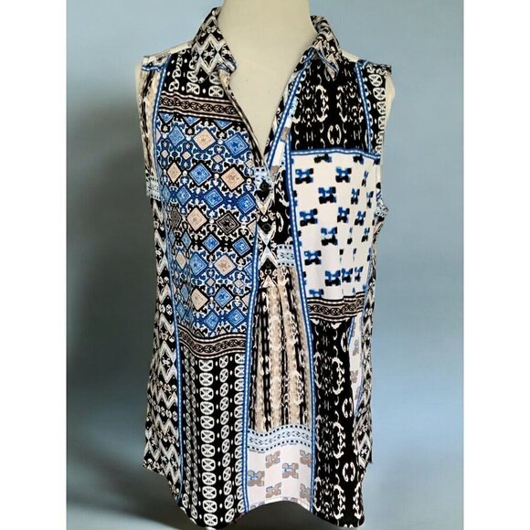 Dana Buchman Sleeveless Womens Patchwork Collared VNeck Multicolor Blouse Large - Picture 6 of 9